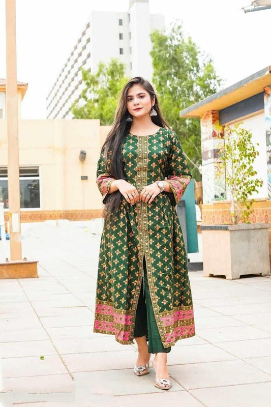 Green Katan Silk Maxi Gown with Golden Embroidery & Pink Accents