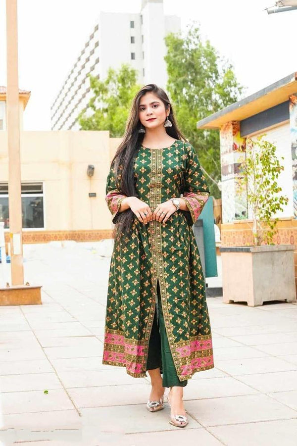 Green Katan Silk Maxi Gown with Golden Embroidery & Pink Accents