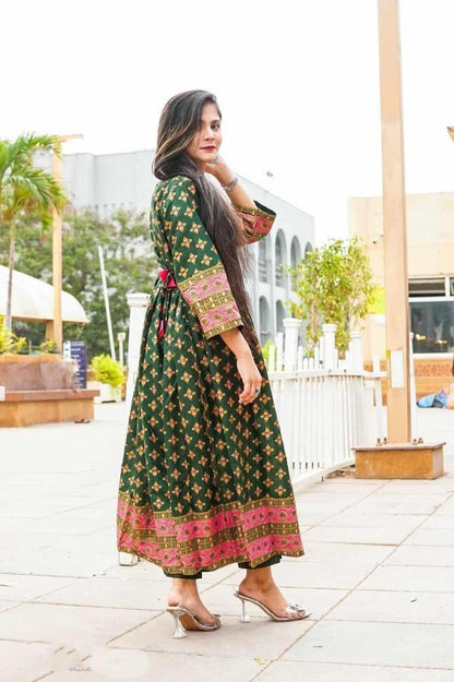 Green Katan Silk Maxi Gown with Golden Embroidery & Pink Accents