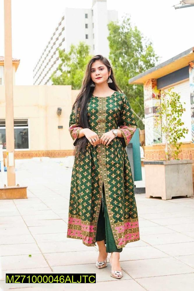 Green Katan Silk Maxi Gown with Golden Embroidery & Pink Accents
