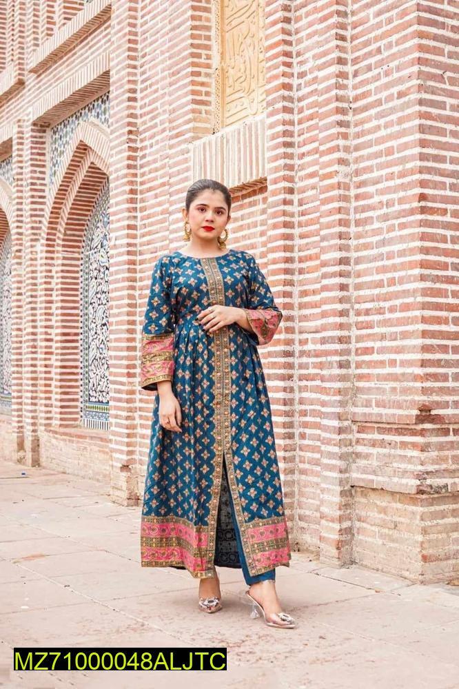 Blue Printed Katan Silk Maxi Set Party Wear