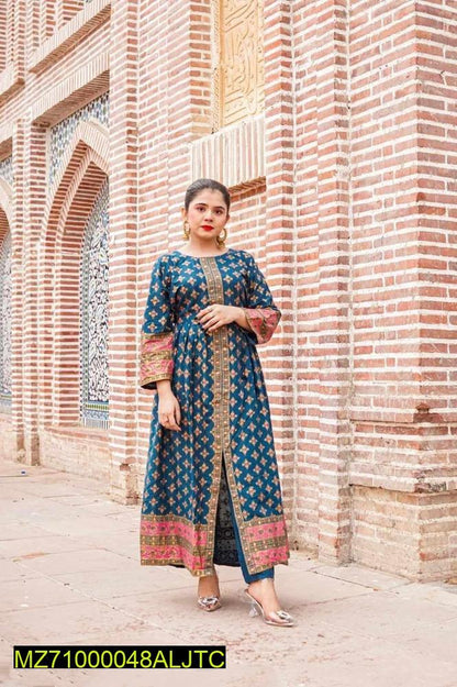 Blue Printed Katan Silk Maxi Set Party Wear