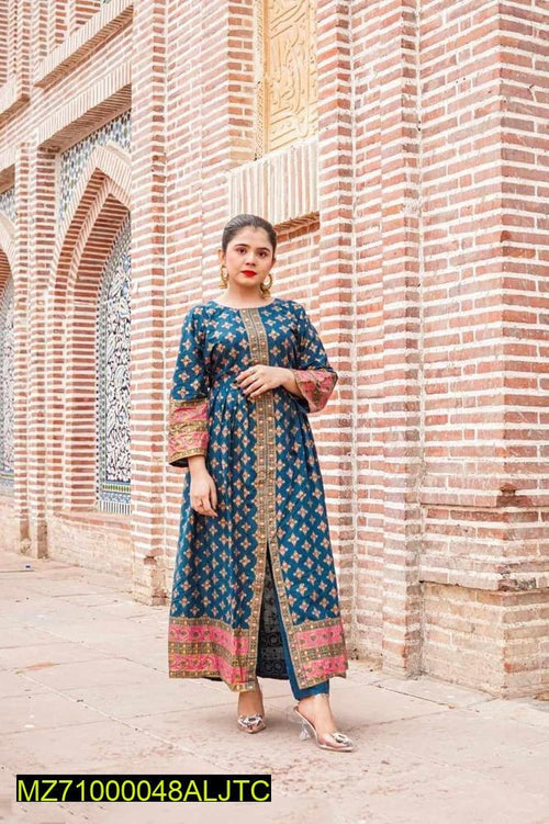 Blue Printed Katan Silk Maxi Set Party Wear