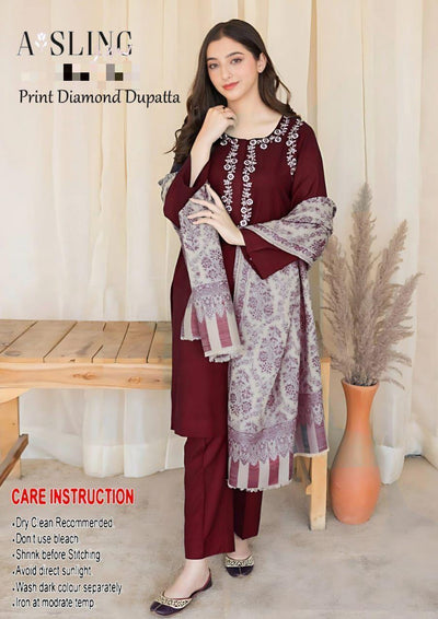 Maroon Embroidered 3-Piece Peshawari Suit with Pashmina Dupatta