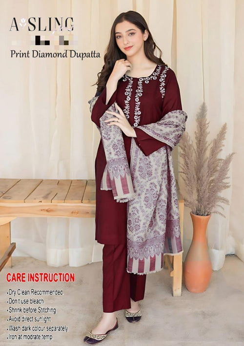 Maroon Embroidered 3-Piece Peshawari Suit with Pashmina Dupatta