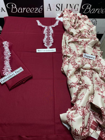 Maroon Embroidered 3-Piece Peshawari Suit with Pashmina Dupatta