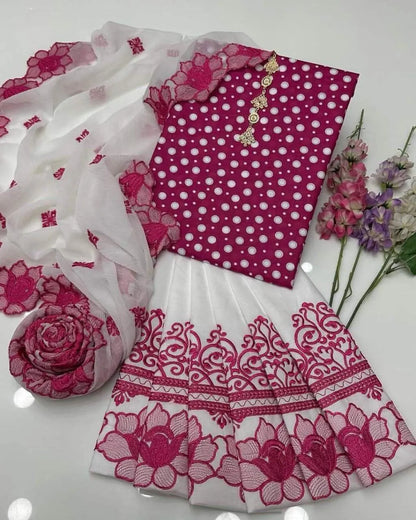 Red Digital Print Lawn Shirt Set with Embroidered Cotton Trouser & Chiffon Dupatta