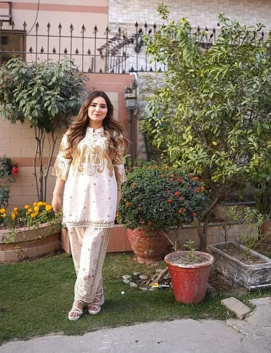 Pakistani Women's Embroidered Kurta Pajama Set Cream