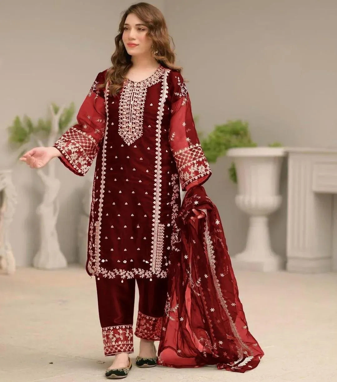 Maroon Embroidered 3-Piece Suit for Women Eid Wedding