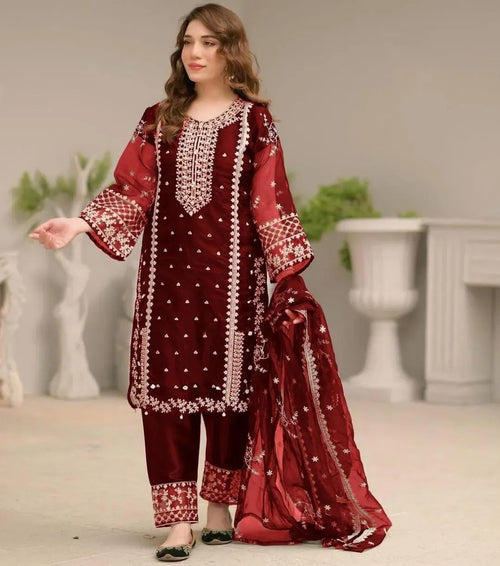 Maroon Embroidered 3-Piece Suit for Women Eid Wedding