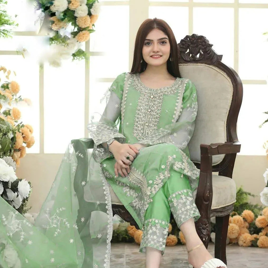 Green Embroidered 3-Piece Organza Suit for Eid