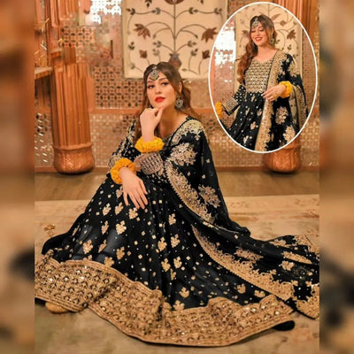 Black Gold Embroidered 3-Piece Chiffon Maxi Set for Eid
