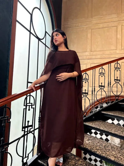 Brown Chiffon Maxi Dress with Dupatta Set