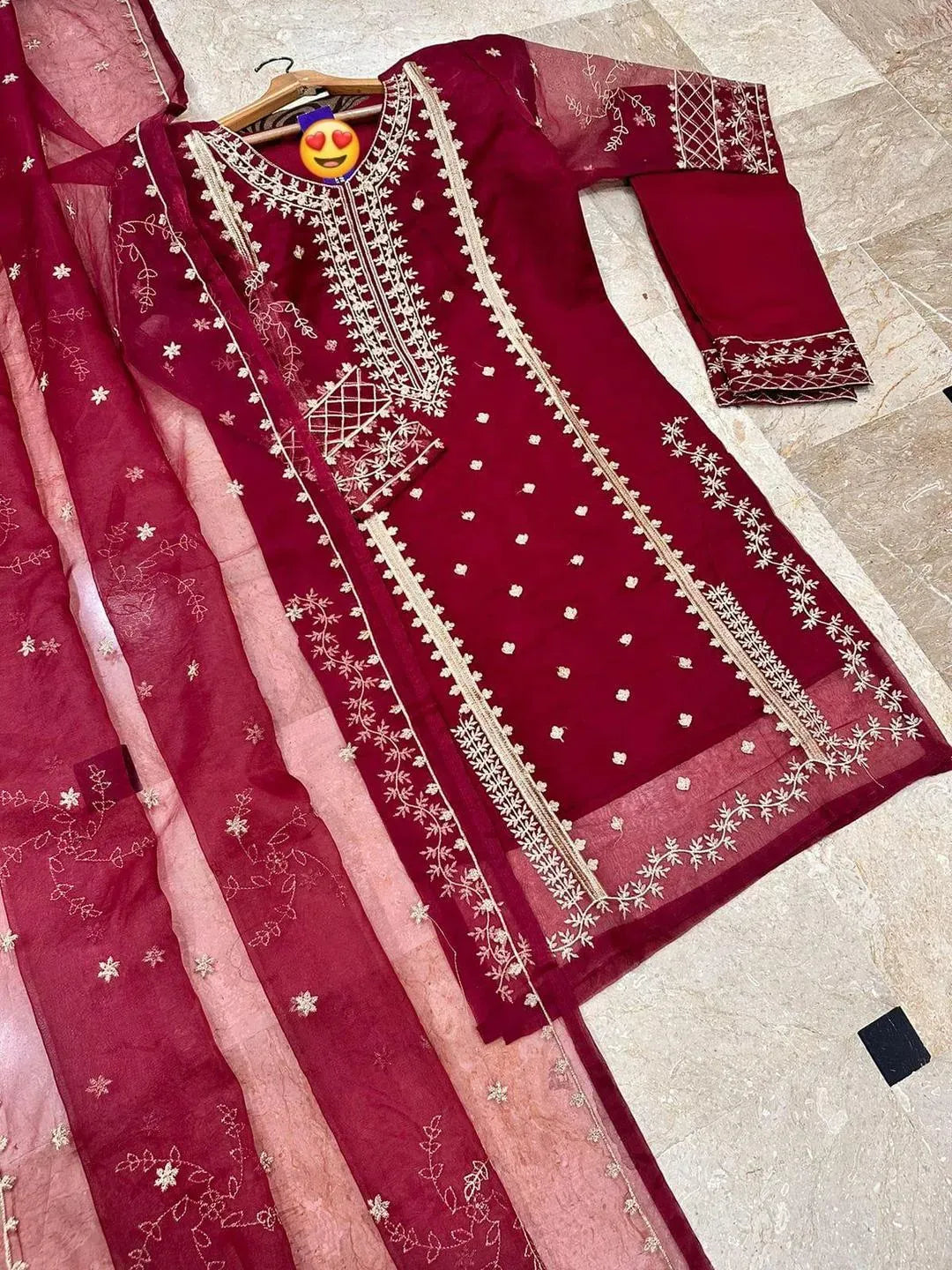 Maroon Embroidered 3-Piece Suit for Women Eid Wedding