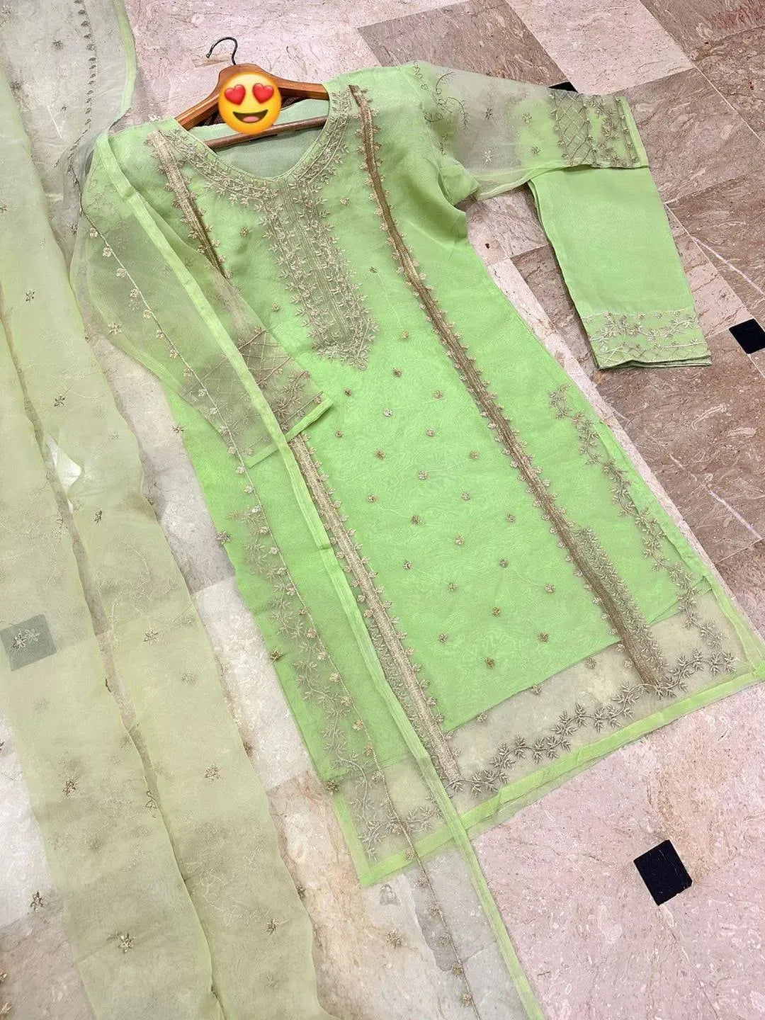 Green Embroidered 3-Piece Organza Suit for Eid