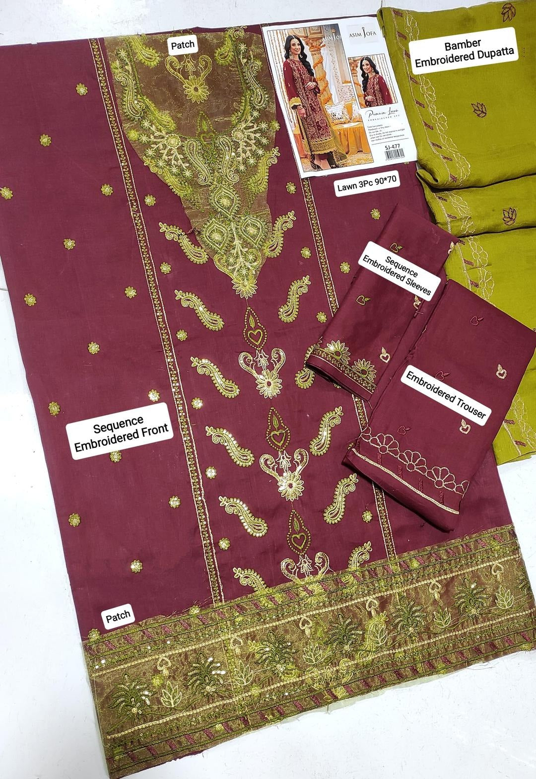 Maroon Embroidered 3-Piece Lawn Suit for Bakra Eid