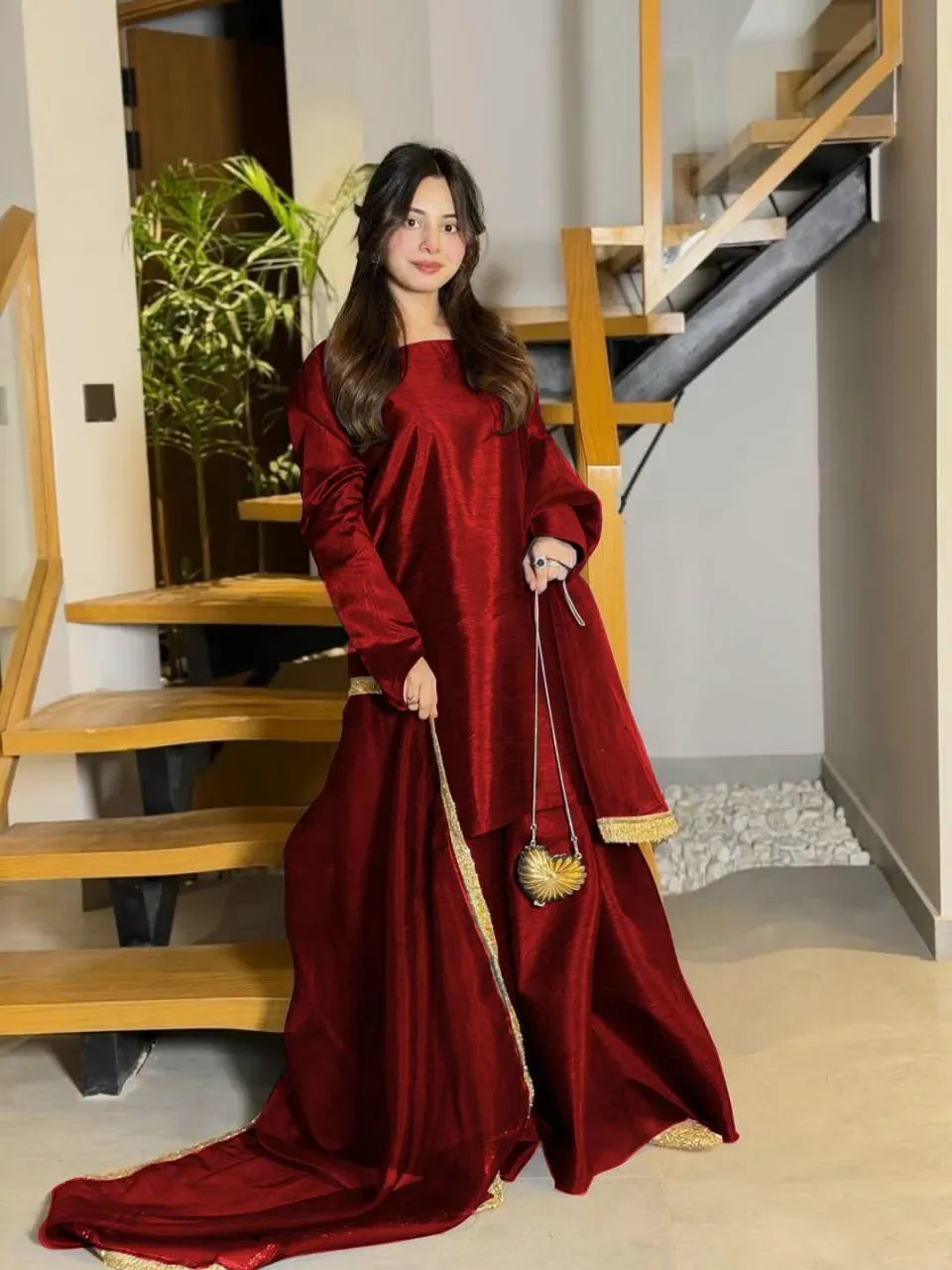 Long Flare Sharara With Lace Dupatta 3Pcs