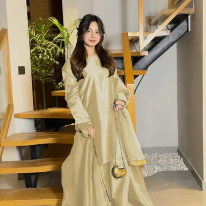 Long Flare Sharara & Lace Dupatta Set 3Pcs