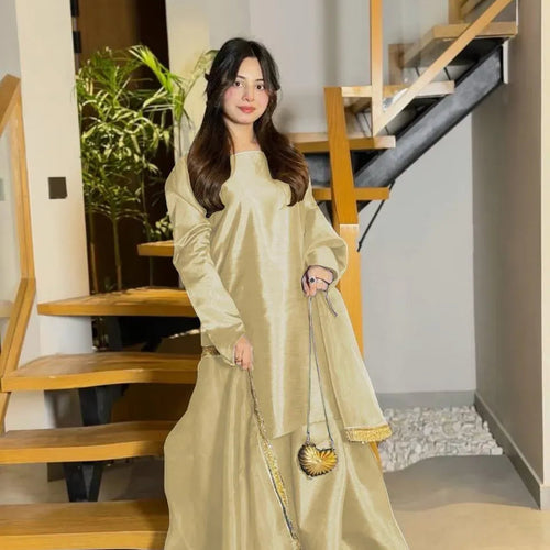 Long Flare Sharara & Lace Dupatta Set 3Pcs