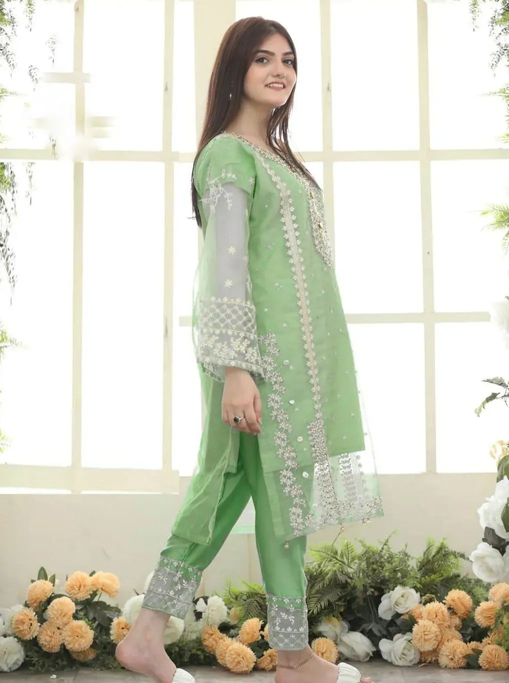 Green Embroidered 3-Piece Organza Suit for Eid