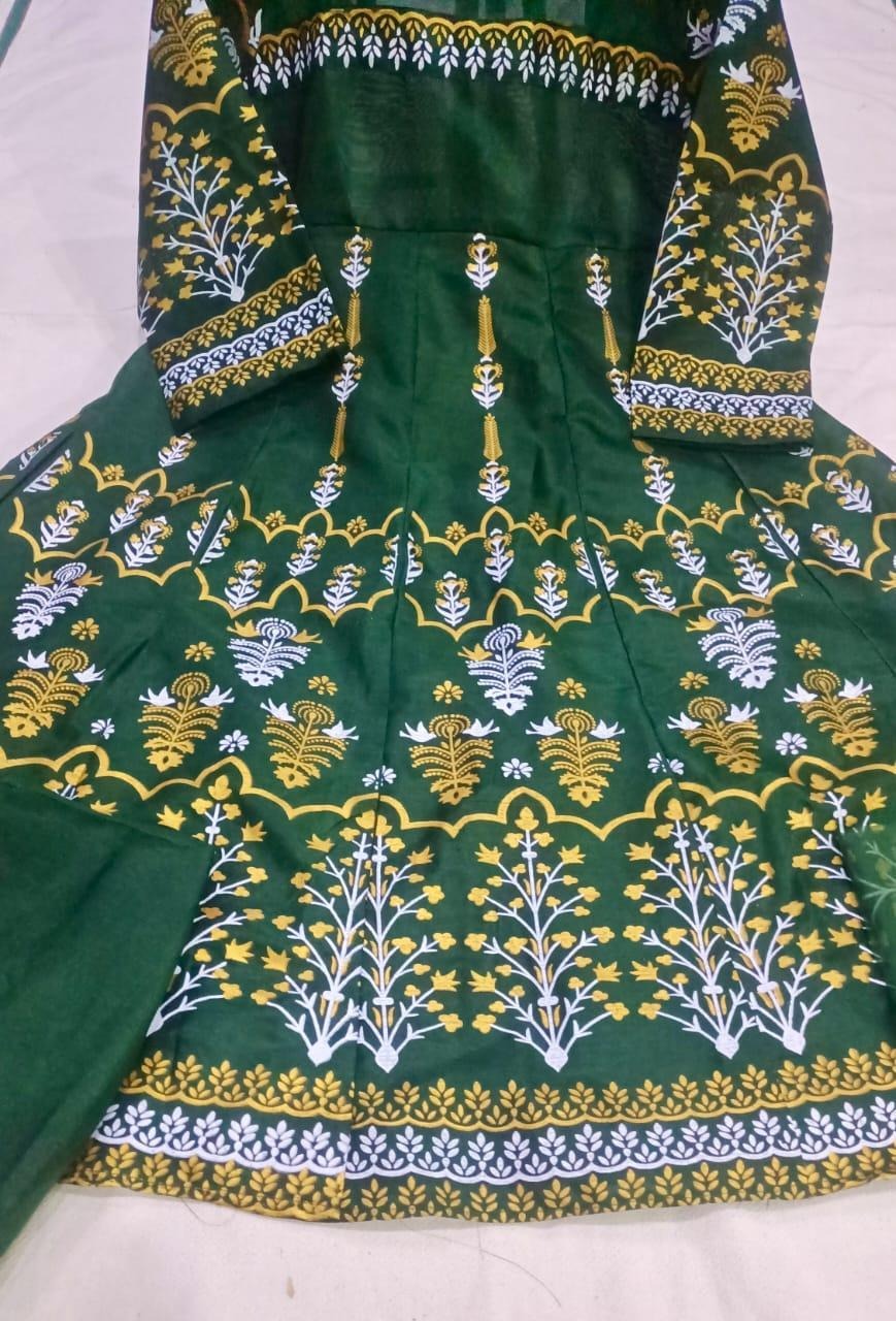 Teal Katan Silk Block Printed Maxi Suit 3-Piece Set