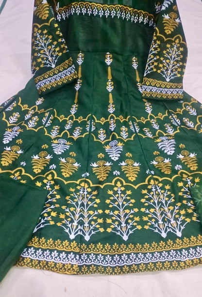 Teal Katan Silk Block Printed Maxi Suit 3-Piece Set