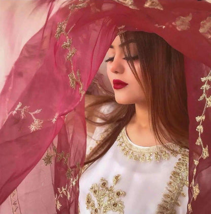 Women's White Embroidered Organza 3Pcs Set Medium