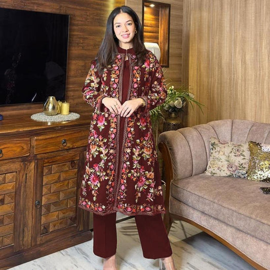 Women's Maroon Katan Silk Embroidered Gown Set Medium