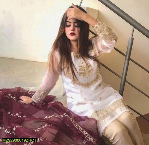 Women's White Embroidered Organza 3Pcs Set Medium