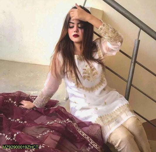Women's White Embroidered Organza 3Pcs Set Medium
