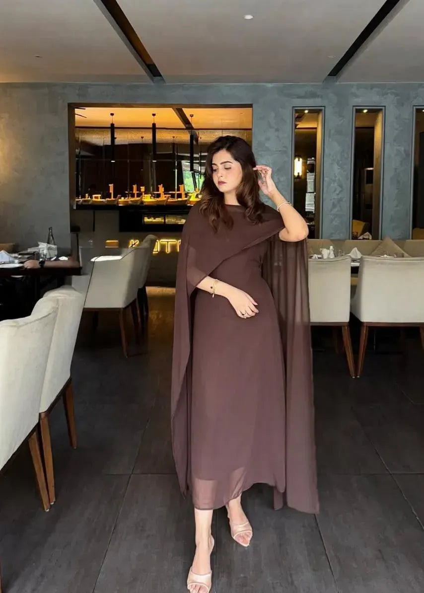 Brown Chiffon Maxi Dress with Dupatta Set